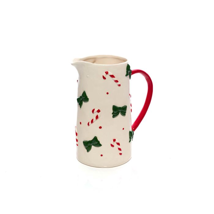 Brocca natalizia in ceramica con fiocchi e Candy Cane 7,4 x 4,9 x 8,7 cm