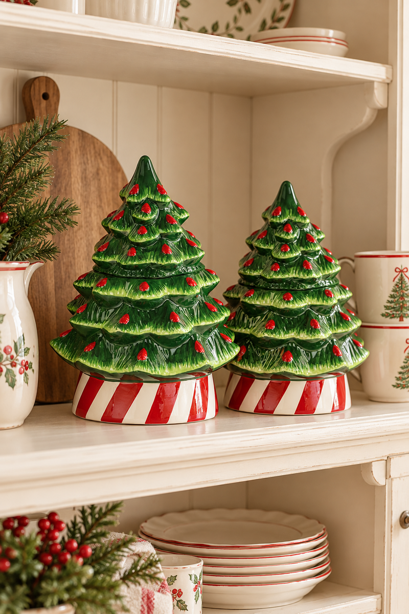 Barattolo natalizio a forma di albero di Natale con coperchio 22 x H 28 cm