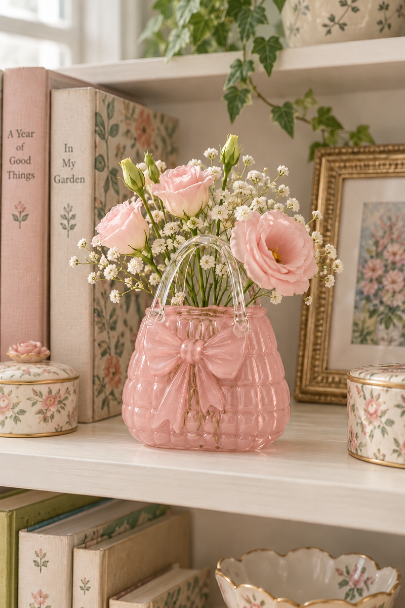 Vaso Borsetta in Vetro Rosa con Fiocco 20x11x28 cm