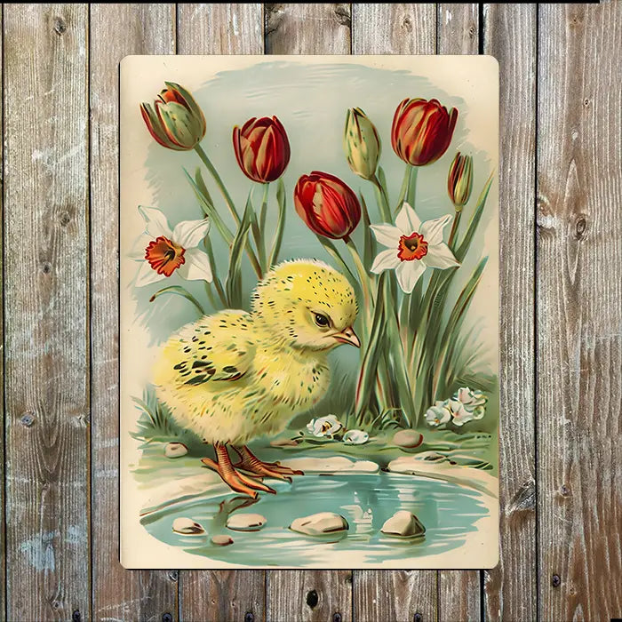 Targa in Metallo con Pulcino di Pasqua Vintage e Stagno Riflettente