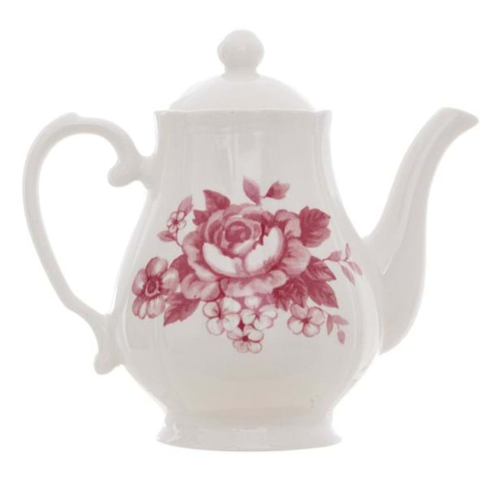 Teiera in ceramica bianco e borgogna  con motivo floreale
