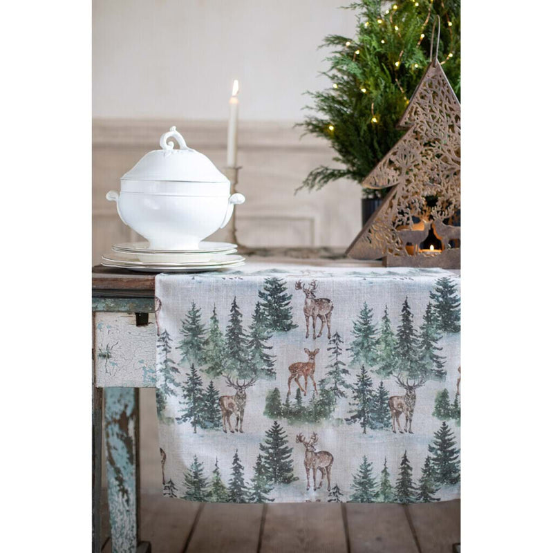 Tovaglia Natalizia  con motivo abeti e cervi Baita Verde 160 x 280 cm -Blanc Mariclò