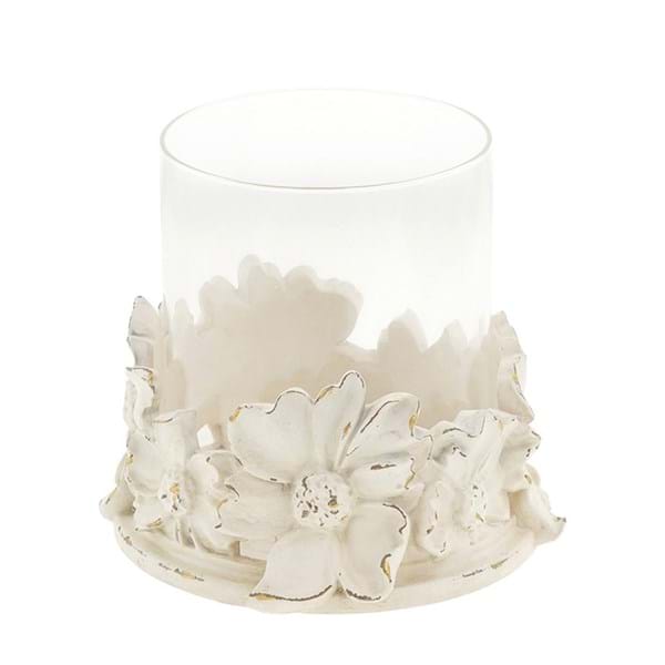 Portacandela floreale avorio in resina e vetro 14 x 12,6 x H13,7 cm - Blanc Mariclò