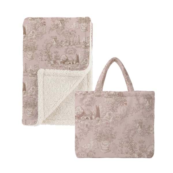 Plaid Sherpa rosa 170 X 140 cm Toile de Jouy con borsa coordinata - Blanc Mariclò
