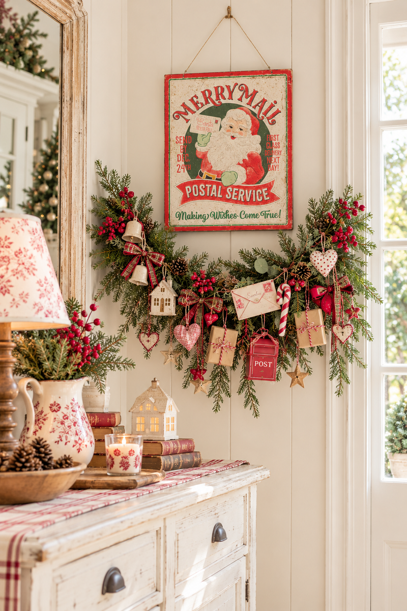 Targa Natalizia Vintage Merry Mail con Babbo Natale 30,5 cm
