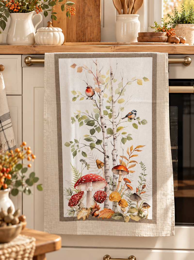 trofinaccio Autunnale con Funghi, Betulle e Uccellini 50x70 cm