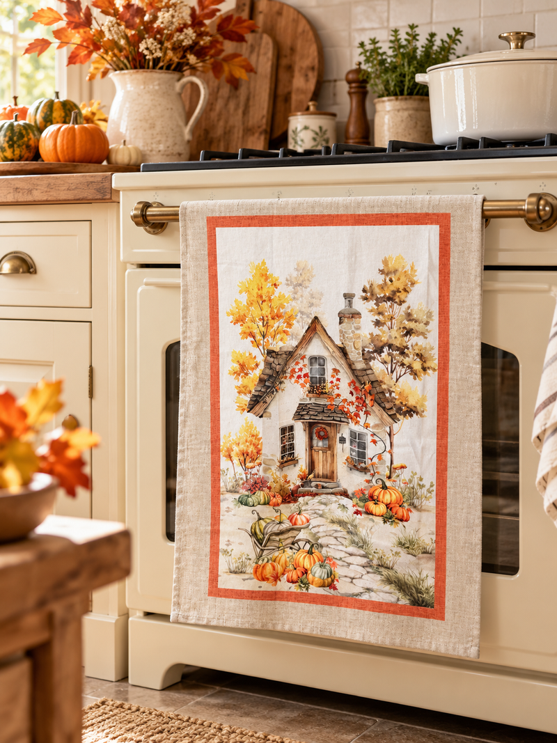 Strofinaccio Autunnale Casetta e Zucche 50x70 cm