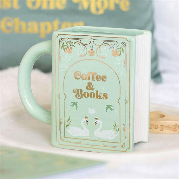 Green book-shaped mug with "Coffee and Books" written on it