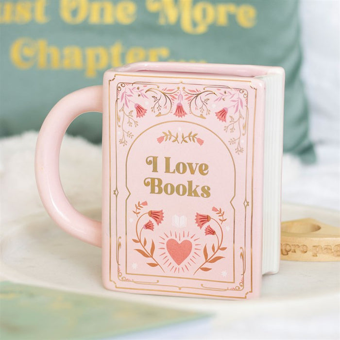 Pink book-shaped mug "I Love Books"