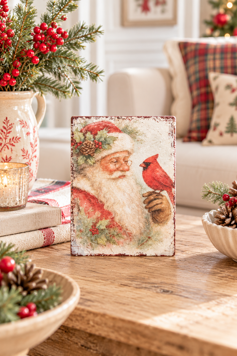 Targa Natalizia Babbo Natale con Cardinale H 18 cm