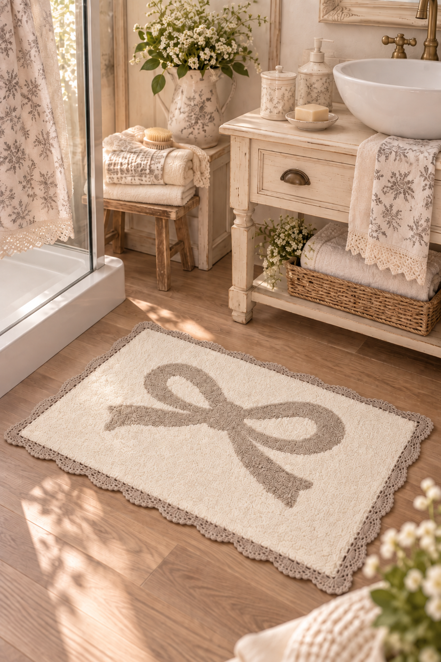 Tappeto Bagno Fiocchetto 50x80 cm in Cotone Panna con Bordo Uncinetto – Lovely Shabby