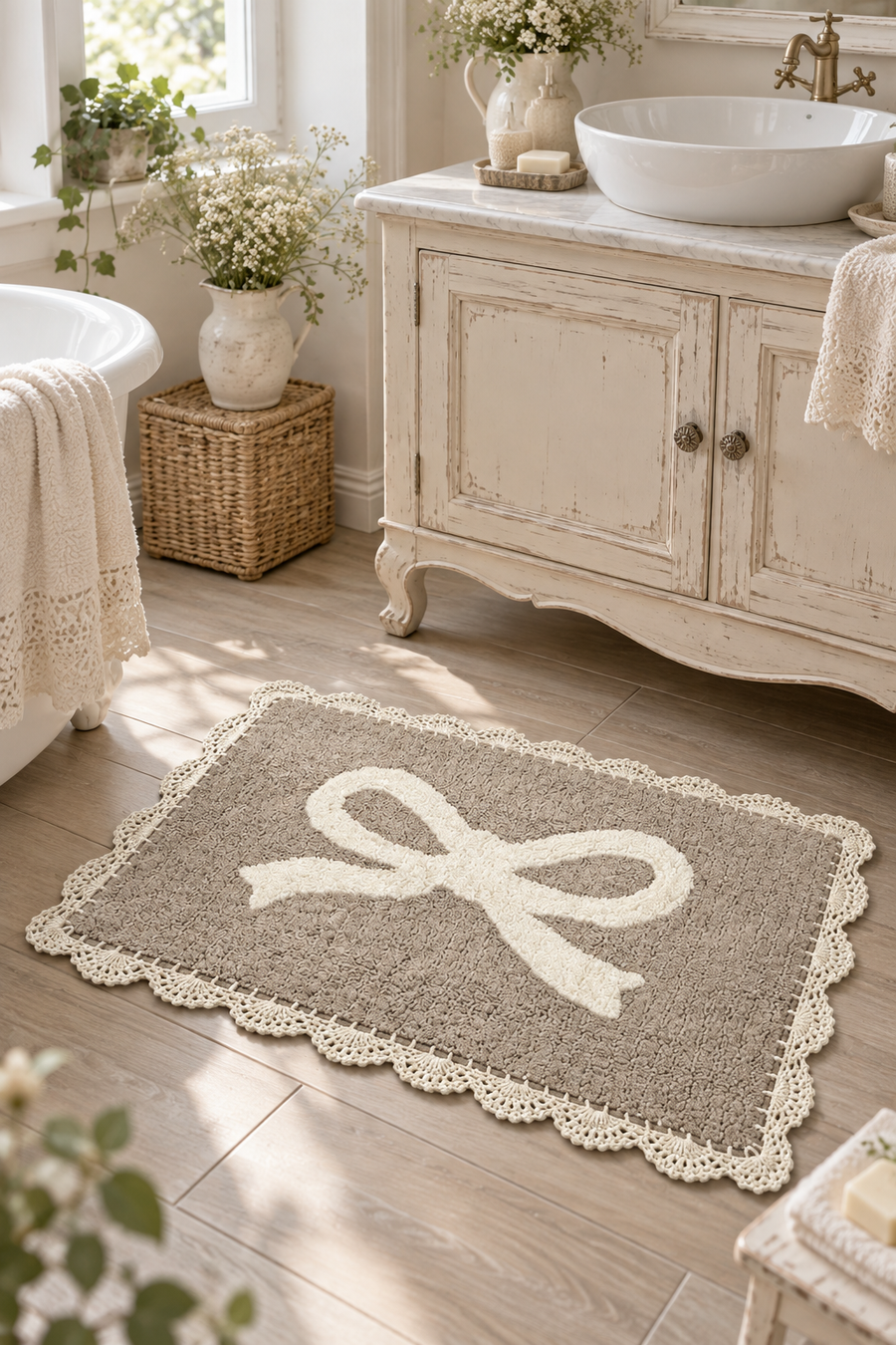 Tappeto Bagno Fiocchetto Tortora 50x80 cm in Cotone con Bordo Uncinetto – Lovely Shabby