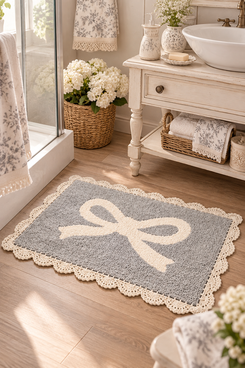 Tappeto Bagno Fiocchetto Grigio Perla50x80 cm in Cotone con Bordo Uncinetto – Lovely Shabby