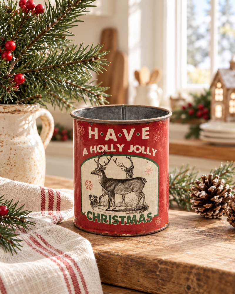 Contenitore Natalizio Vintage Holly Jolly in Metallo con Renne – 10,2 cm