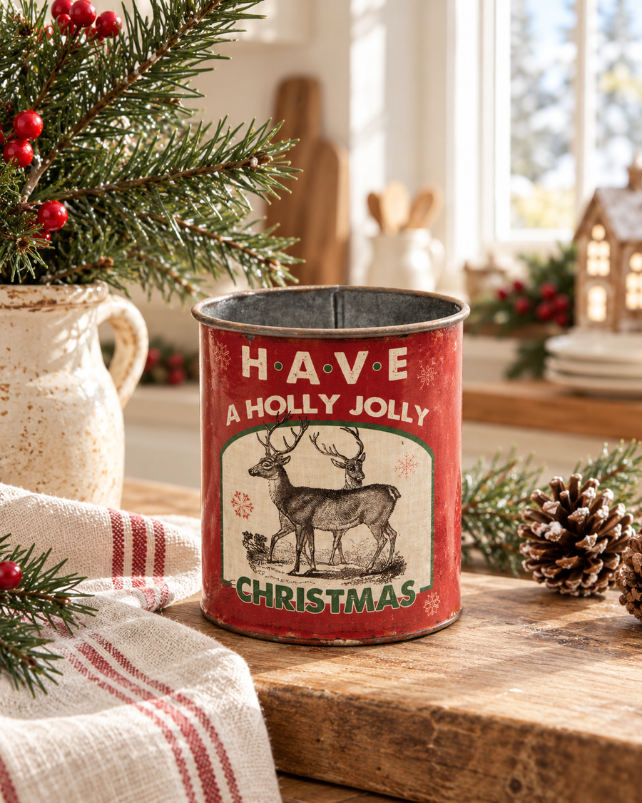 Contenitore Natalizio Vintage Holly Jolly in Metallo con Renne – 10,2 cm
