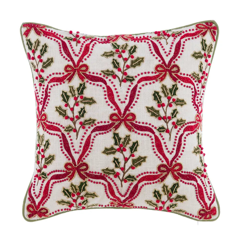 Cuscino Natalizio Fiocchi e Agrifoglio 45x45 cm – Blanc Mariclò