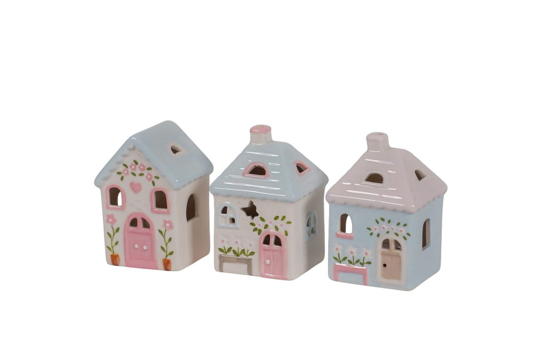 Set di 3 mini case in ceramica Country con luce led 10 cm Isabelle Rose