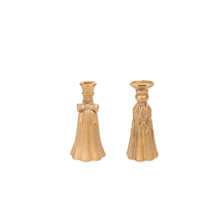 Portacandela natalizio dorato in resina con fiocco Ø8,5 x H20 cm