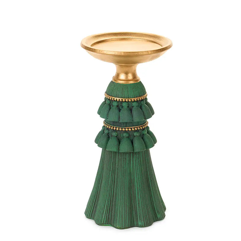 Portacandela natalizio verde con nappine oro in resina 10 x 10 x H20 cm