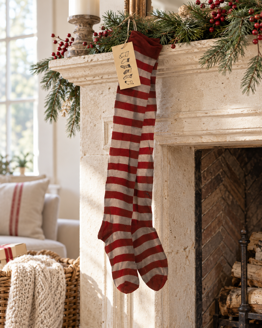Decorazione Calza Rustica Righe Rosse e Bianche