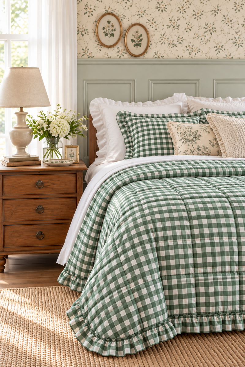 Trapunta Matrimoniale Vichy Verde con Gala 250x250 cm Blanc Mariclò