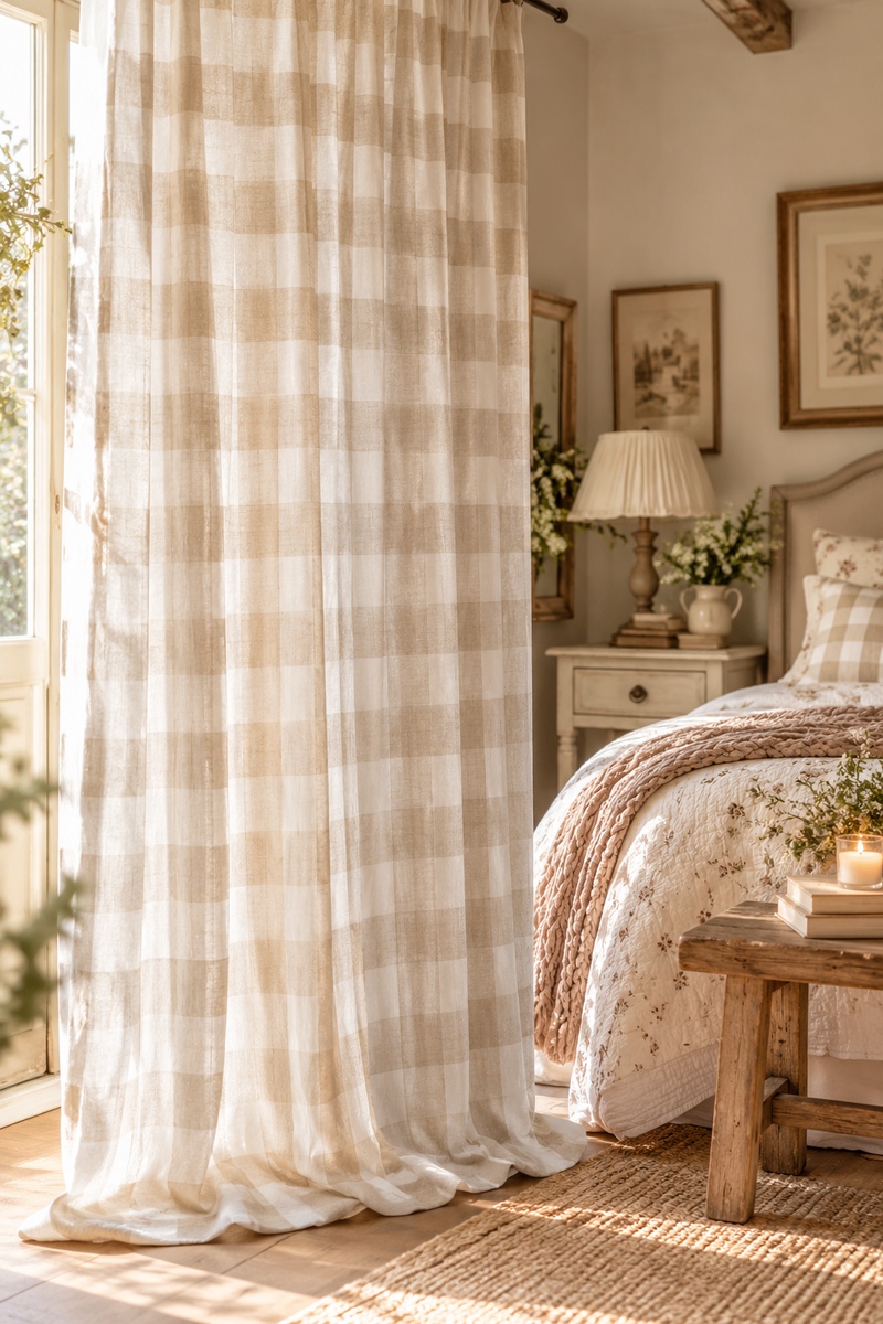 Tenda lunga beige a quadri Vichy 290 X 150 cm - Blanc Mariclò