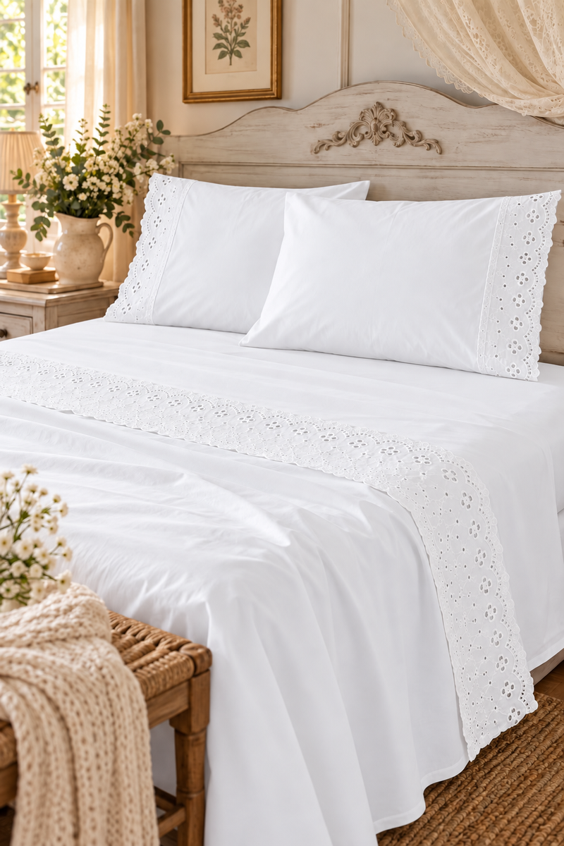 Completo Lenzuola Matrimoniale Aurora Bianco con Pizzo Sangallo – Lovely Shabby