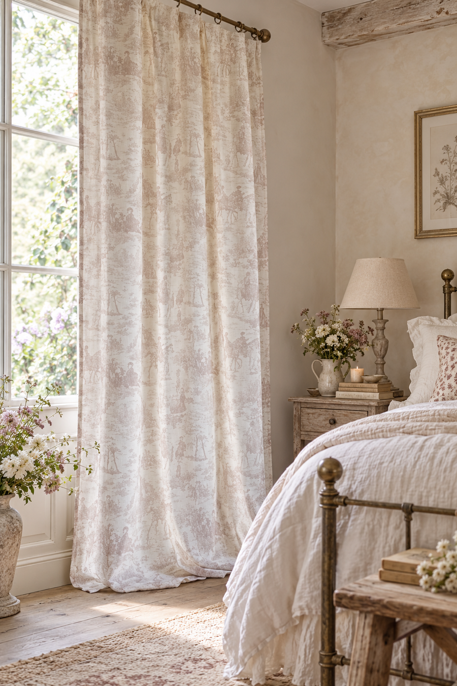 Tenda lunga beige Toile de Jouy  290 X 150cm - Blanc Mariclò