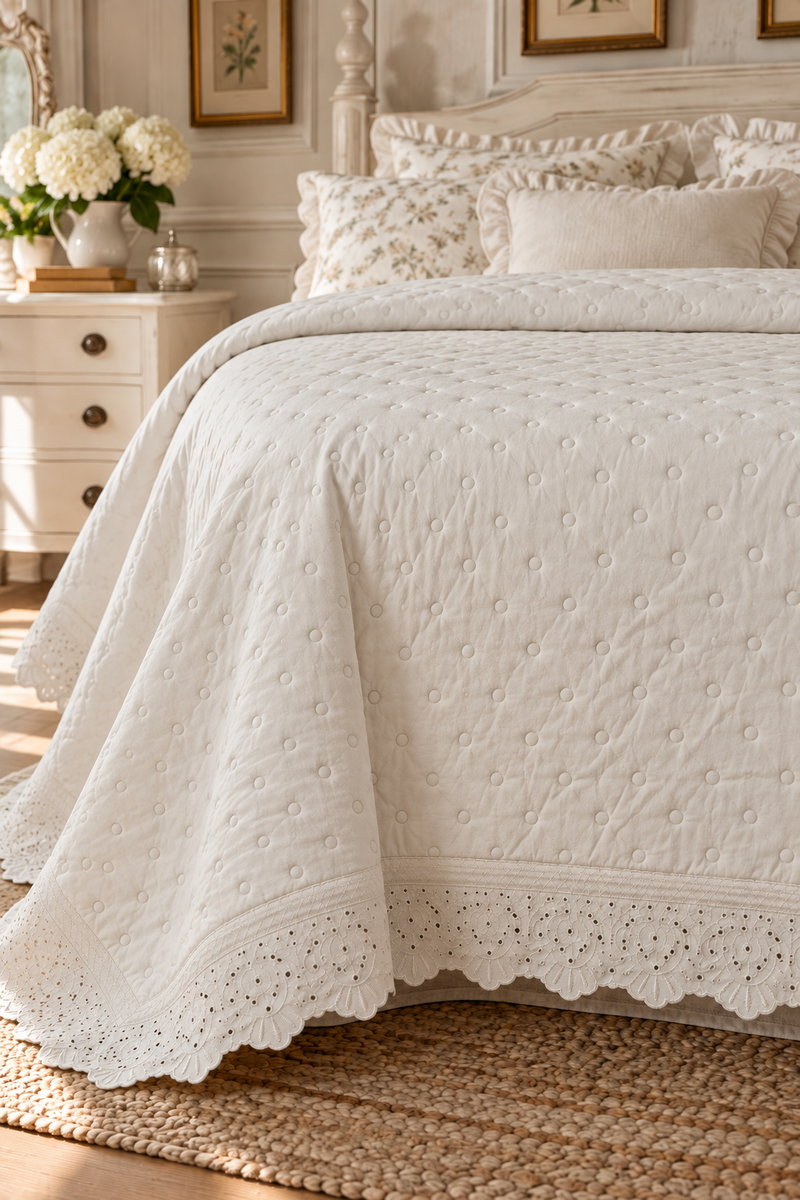 Trapunta Matrimoniale Avorio in Microfibra con Pizzo San Gallo 260×260 cm Lovely Sahabby (