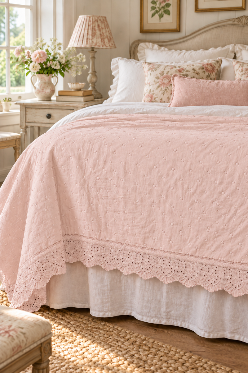 Trapunta Matrimoniale Rosa Cipria in Microfibra con Pizzo San Gallo 260×260 cm Lovely Sahabby