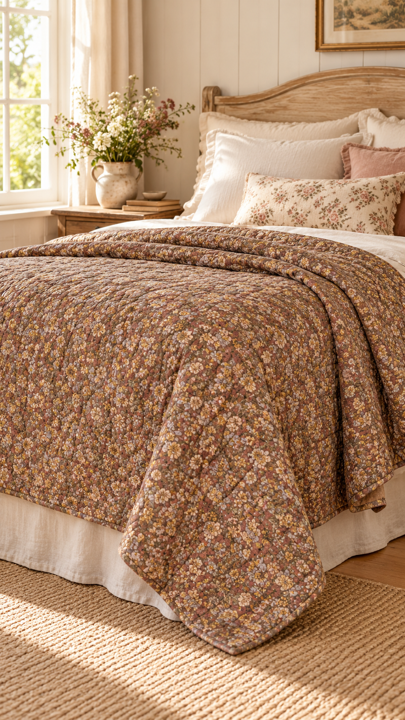 Trapunta Ib Laursen color bordeaux polveroso con fiori blu, gialli e verdi, 130 x 180 cm