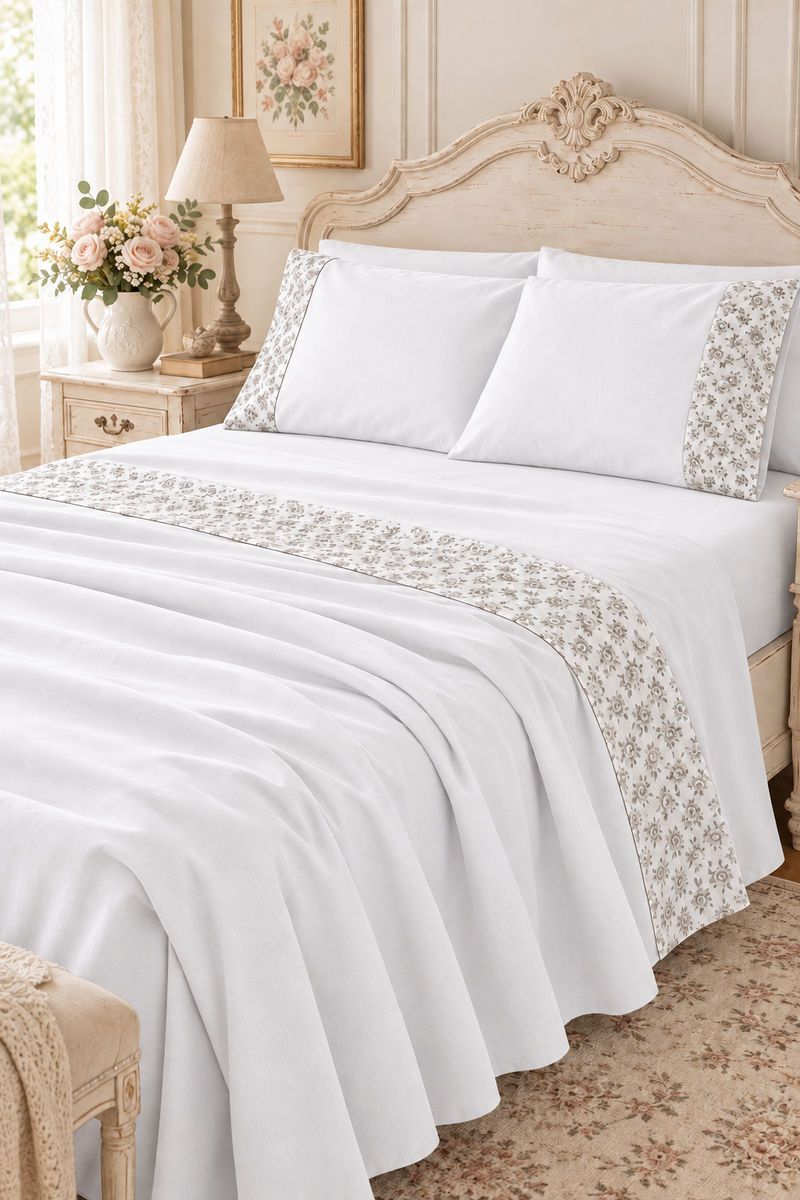 Completo Lenzuola Matrimoniale Bianco con Balza a Fiorellini Lovely Shabby