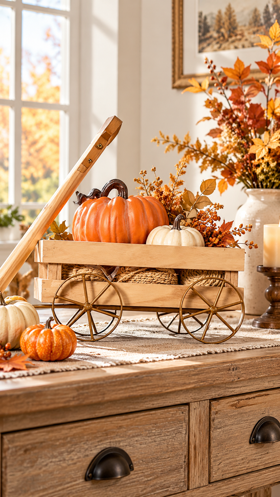 Carretto Decorativo Autunnale in Legno Riciclato con Ruote 40x15x23 cm