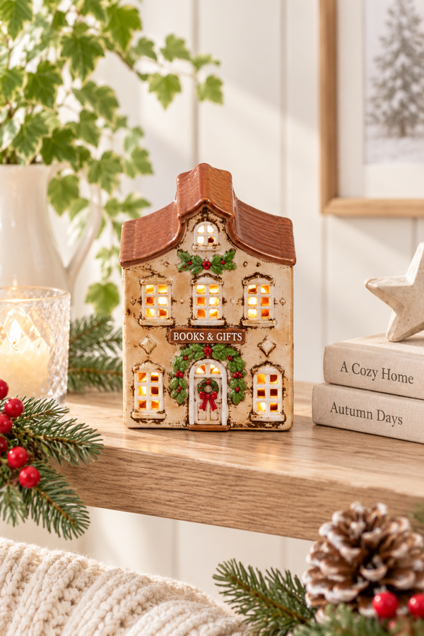 Casetta Natalizia in Ceramica con LED – Books & Gifts