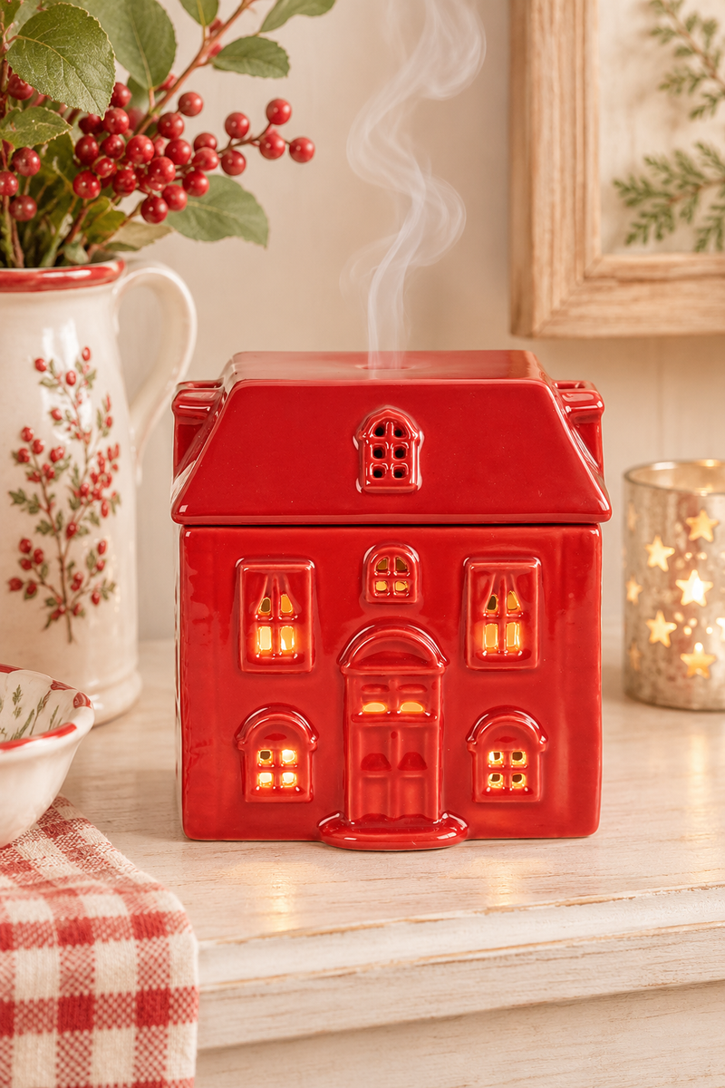 Bruciatore per Oli e Cere Casetta Rossa in Ceramica H 11,5 cm