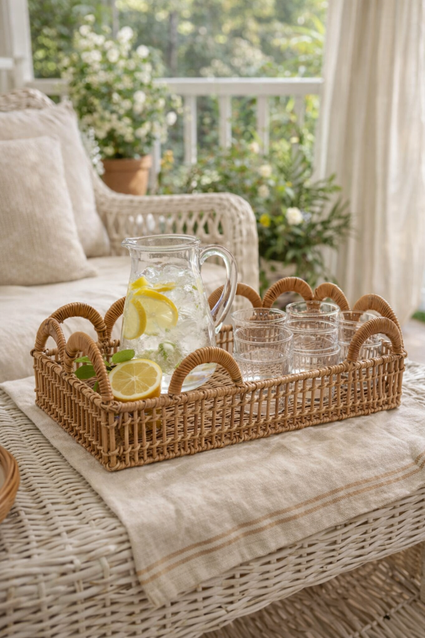 Vassoio in Rattan Naturale Intrecciato con Bordo Decorativo Blanc Mariclò