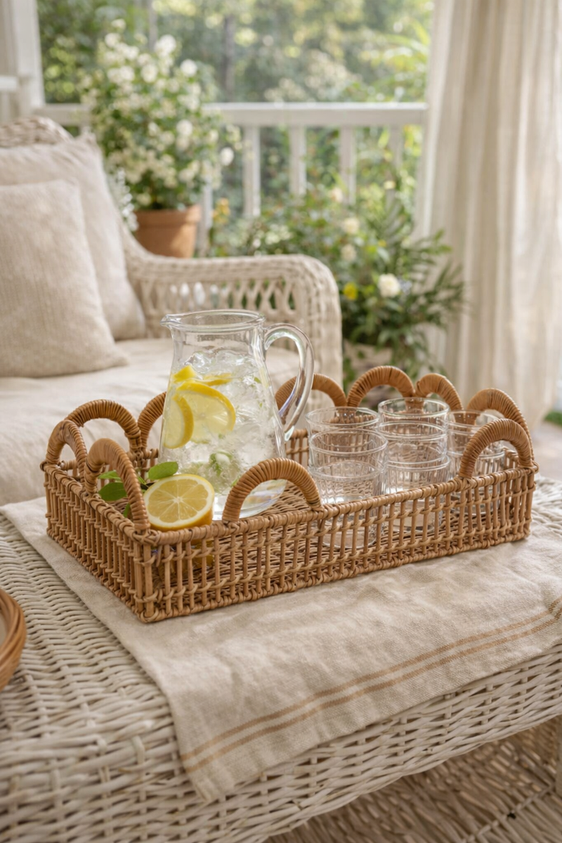 Vassoio in Rattan Naturale Intrecciato con Bordo Decorativo Blanc Mariclò