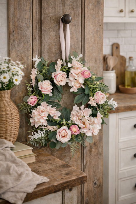 Corona di fiori artificiali con rose rosa