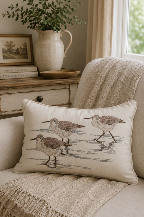 Cuscino Decorativo con Uccelli Ricamati in Stile Farmhouse e Coastal