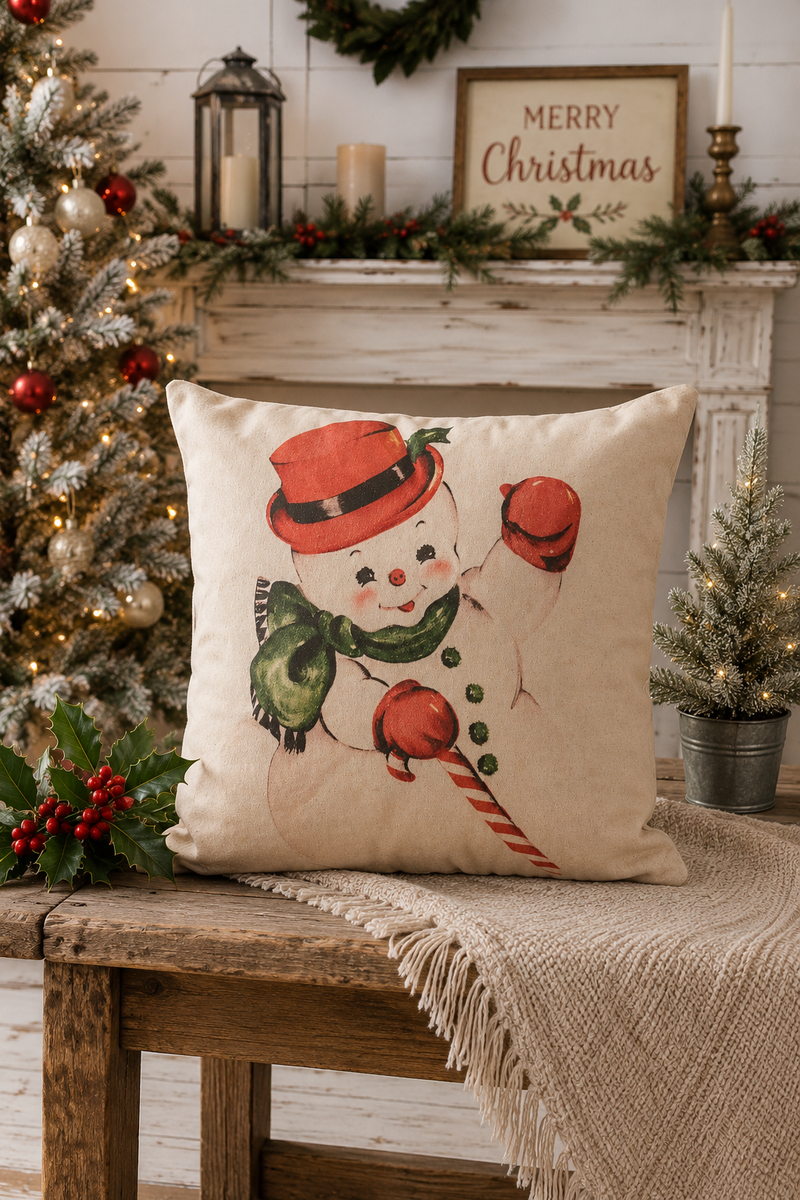 Cuscino Natalizio Vintage con Pupazzo di Neve