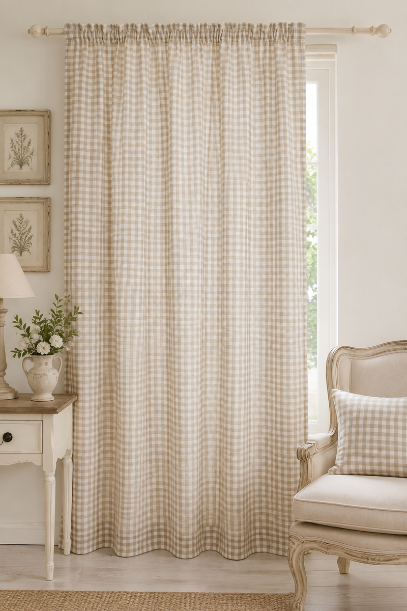 Tenda Country Beige a Quadretti in Cotone 135x290 cm