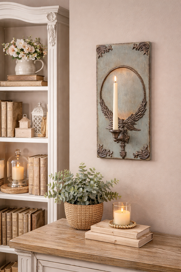 Applique da Parete con Porta Candela in Legno Decorato