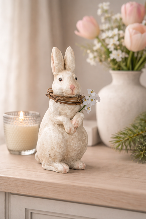 Coniglio Decorativo Crema con Ghirlanda in Vite 26,7 cm