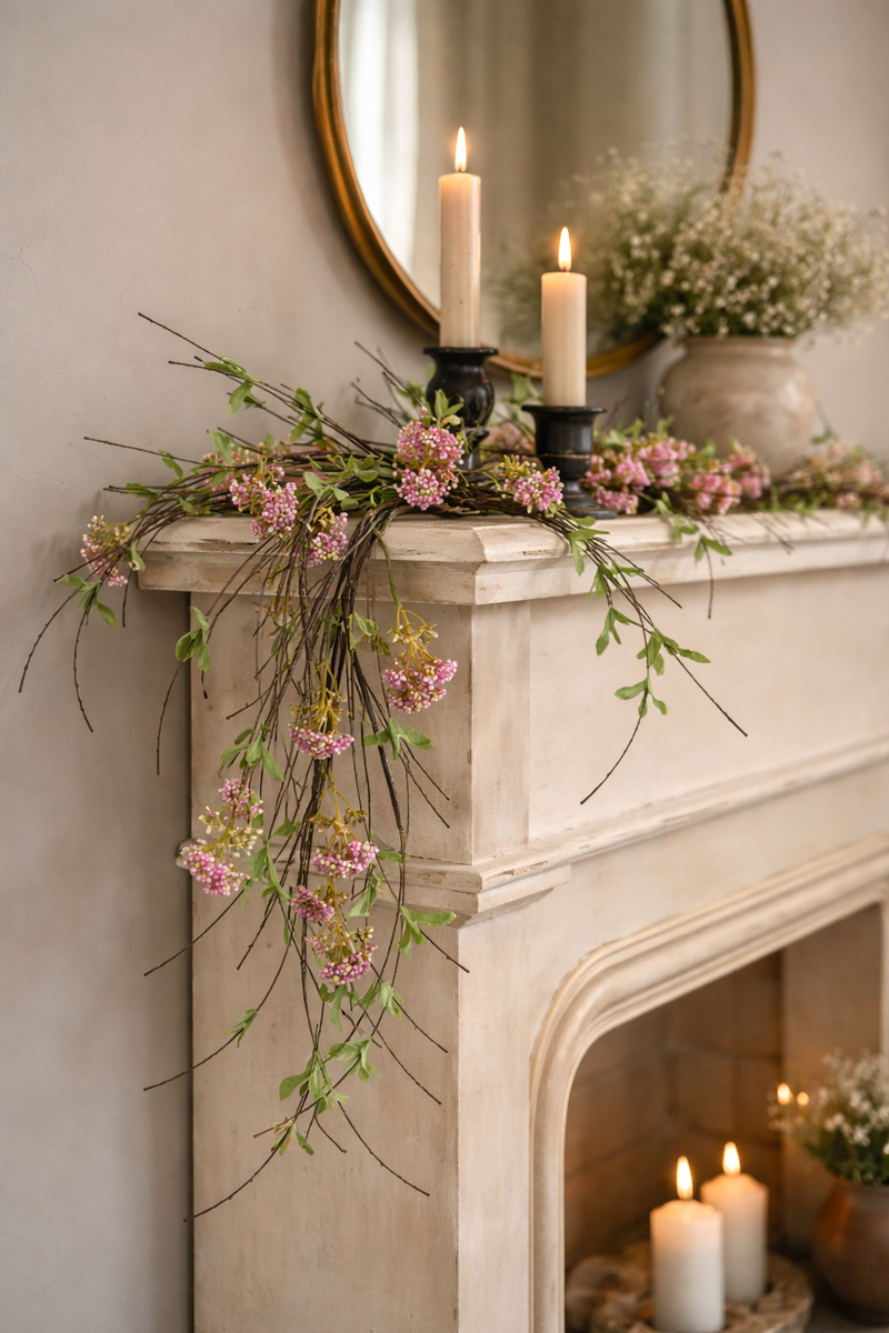 Ghirlanda di Vite con Bosso rosa e Fiori di Campo 152x7,6 cm