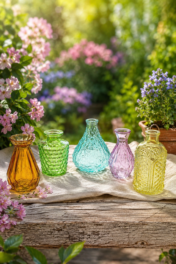 Set 5 Vasetti Decorativi in Vetro Colorato Vintage