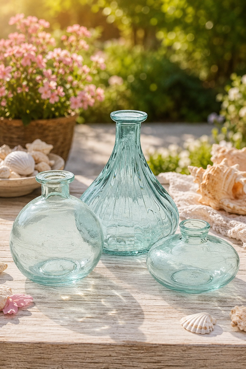 Set 3 Vasetti Decorativi in Vetro Trasparente Acquamarina