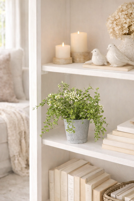 Piantina decorativa con fiorellini bianchi in vaso