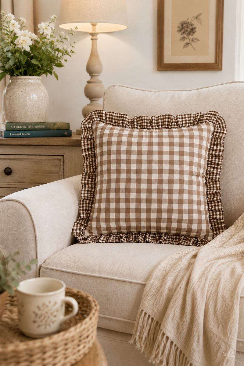 Federa Cuscino Quadri Marrone  40x40 cm con Volant Stile Cottage