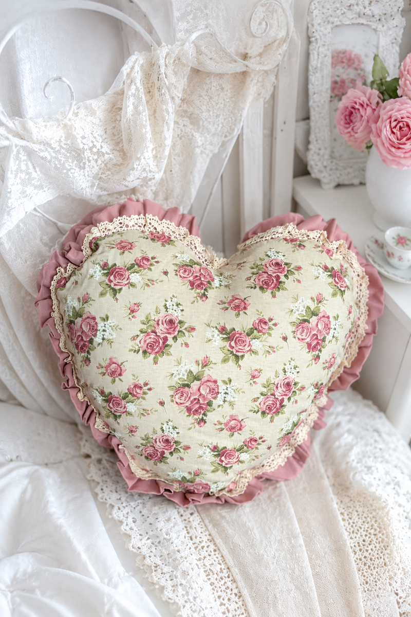 Cuscino Cuore Mira con Pizzo e Stampa Floreale
