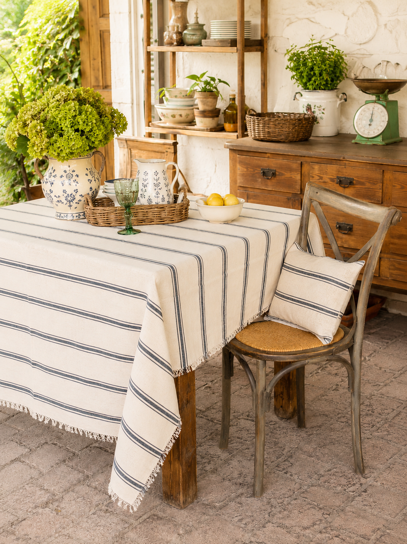 Tovaglia Vintage a Righe Blu con Frange 140x180 cm